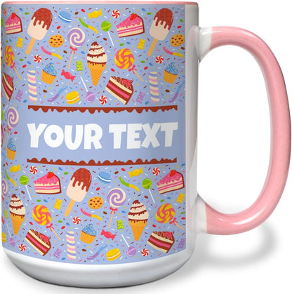 Personalized Mug for Kids - Sweets - Custom Name/Text, Ceramic Hot Chocolate/Cocoa/Coffee Cup for