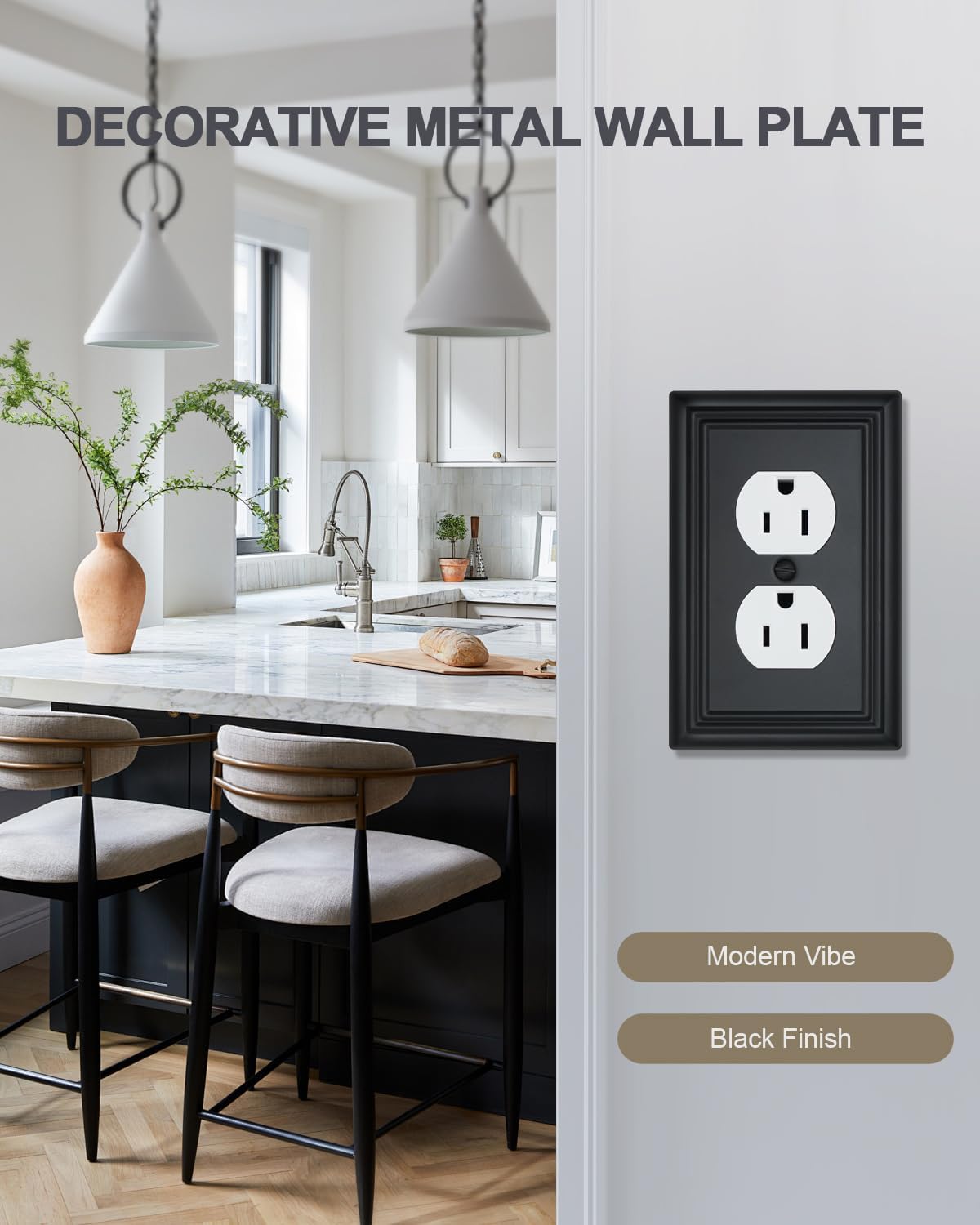 4-Pack Black Outlet Covers, Metal Duplex Wall Plates for Receptacles, Light Switch, Durable