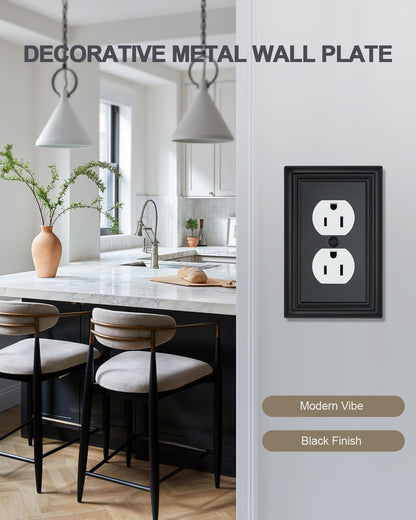 4-Pack Black Outlet Covers, Metal Duplex Wall Plates for Receptacles, Light Switch, Durable