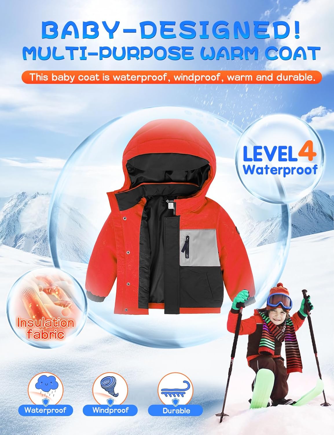 GEMYSE Toddler Boys Winter Coat Waterproof Ski Snow Jacket with Hood Thicken Warm Baby Jacket