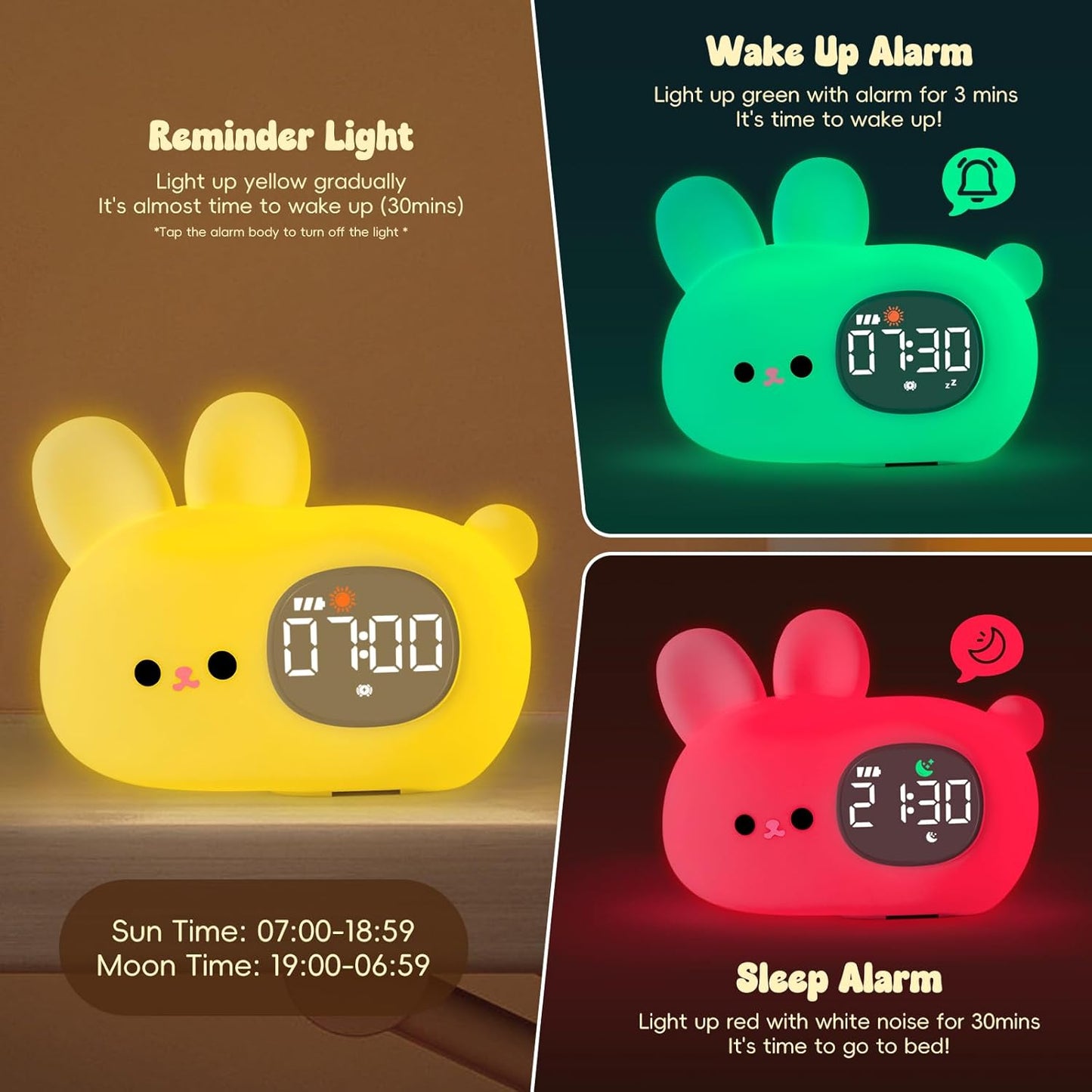 Bunny Alarm Clock with Night Light for Kids with Sleep Training and Sound Machine, Rechargeable
