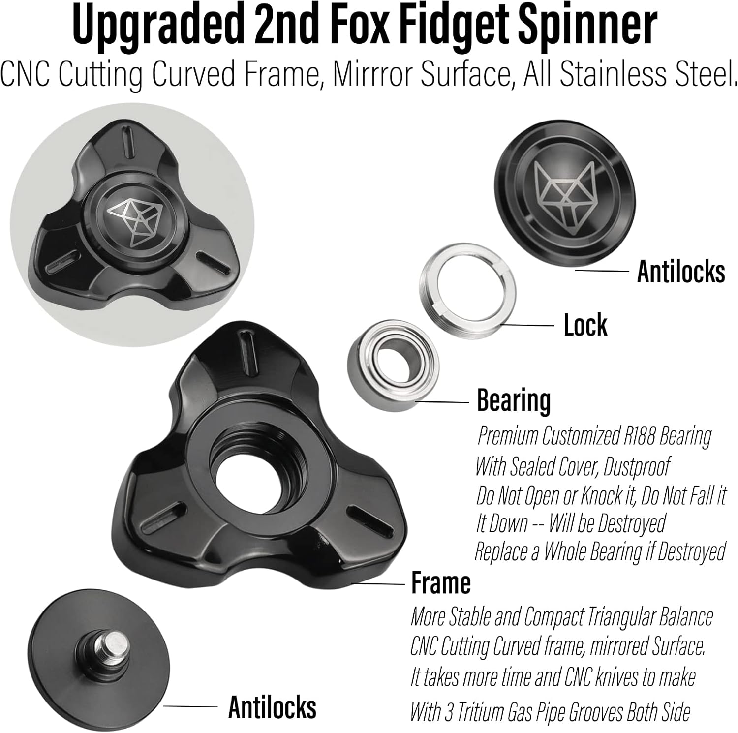 FREELOVE Metal Fidget Spinner, Stainless Steel Heavy, Long Spinning Toys, Cool Silent, Small Mini