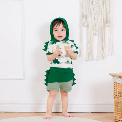 Toddler Baby Boy Summer Hooded Outfit Contrast Color Short Sleeve T Shirt Top Elastic Shorts Summer