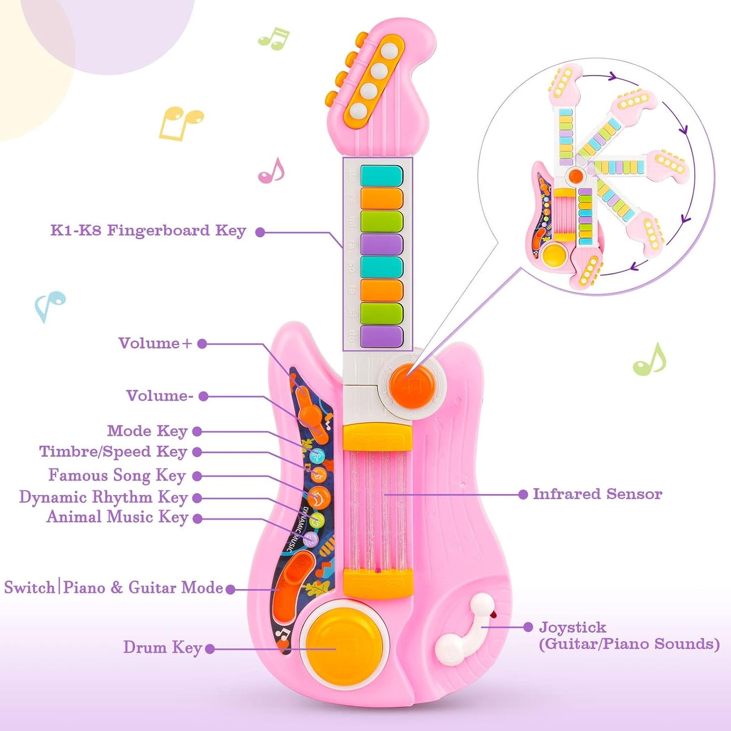 Kids Guitar, Electric Toddler Baby Music Toys for Ages 2-4 with Piano Mode Strap and Lights Child