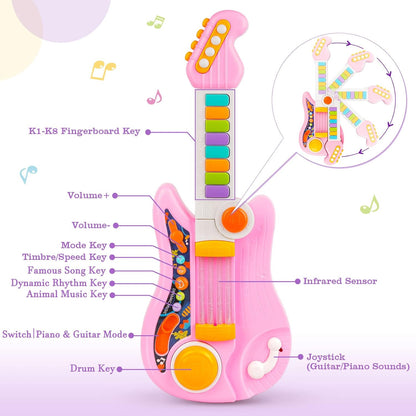Kids Guitar, Electric Toddler Baby Music Toys for Ages 2-4 with Piano Mode Strap and Lights Child
