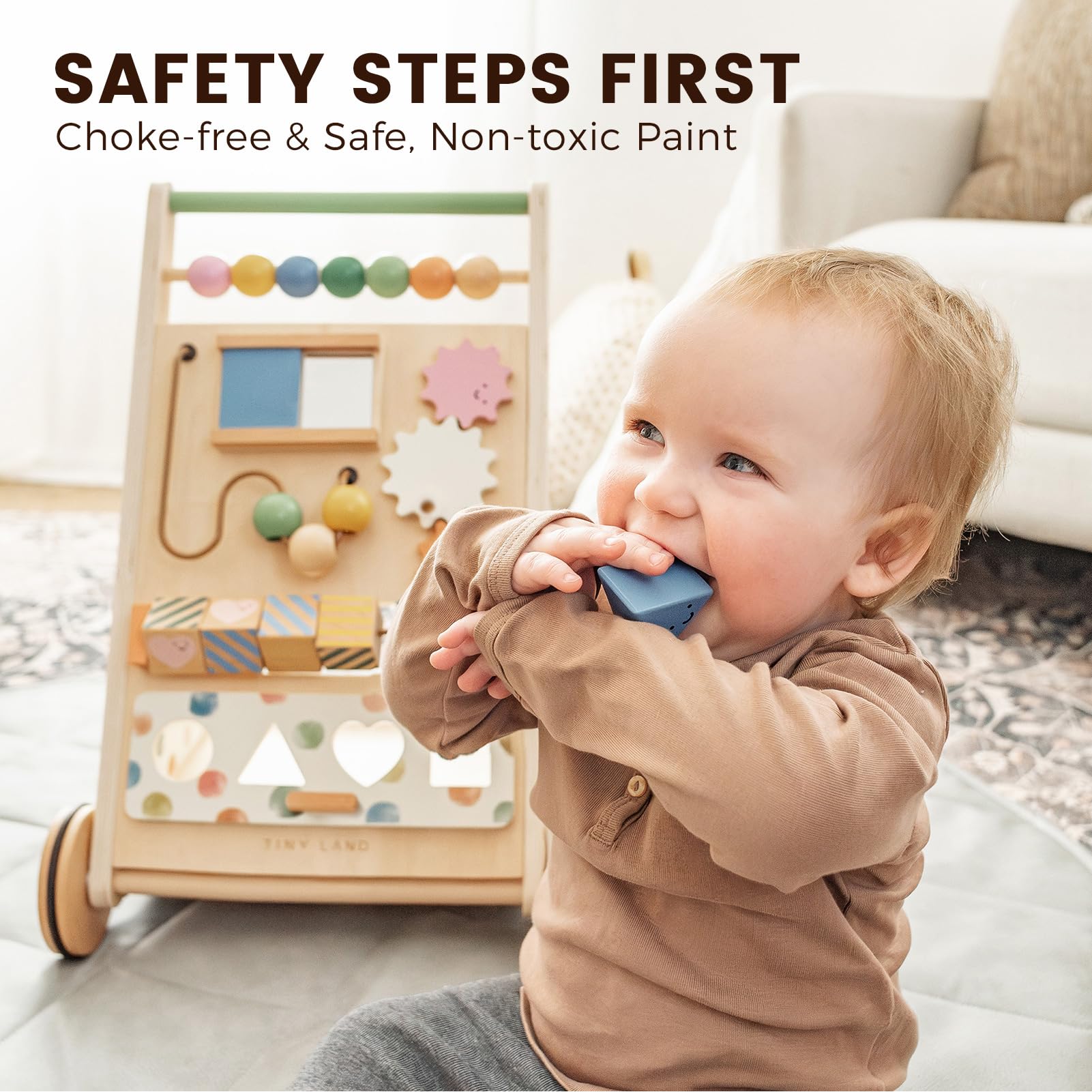 Tiny Land Wooden Baby Walker with Activity Center, Montessori Push Walker