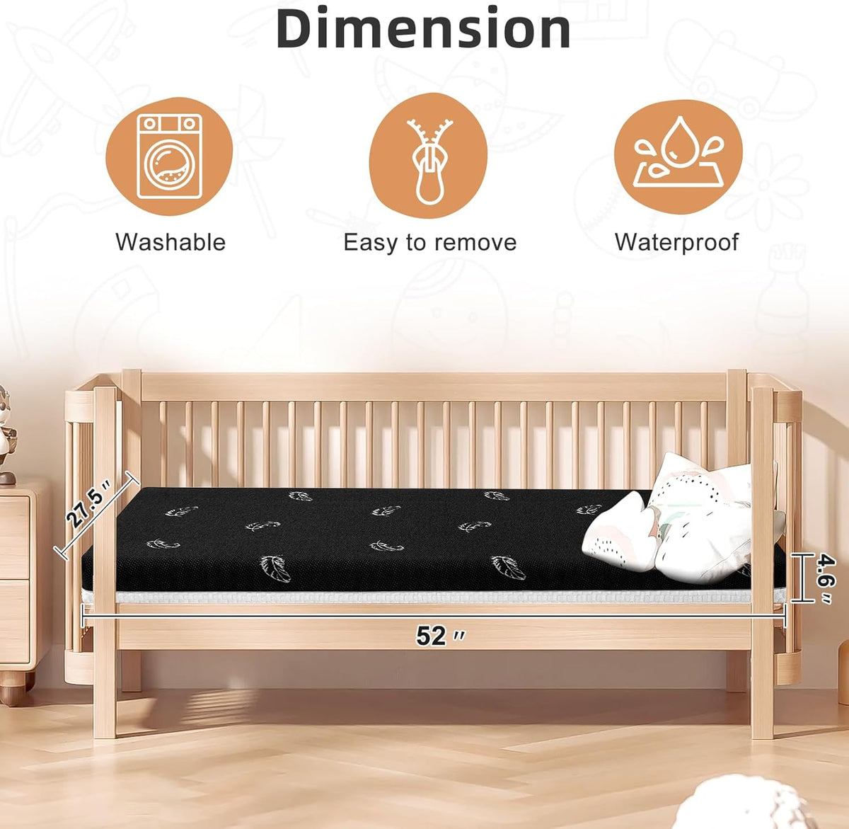 Crib Mattress, 52 x 27 Dual-Sided Comfort Baby and Toddler Mattress with Memory Foam, Waterproof