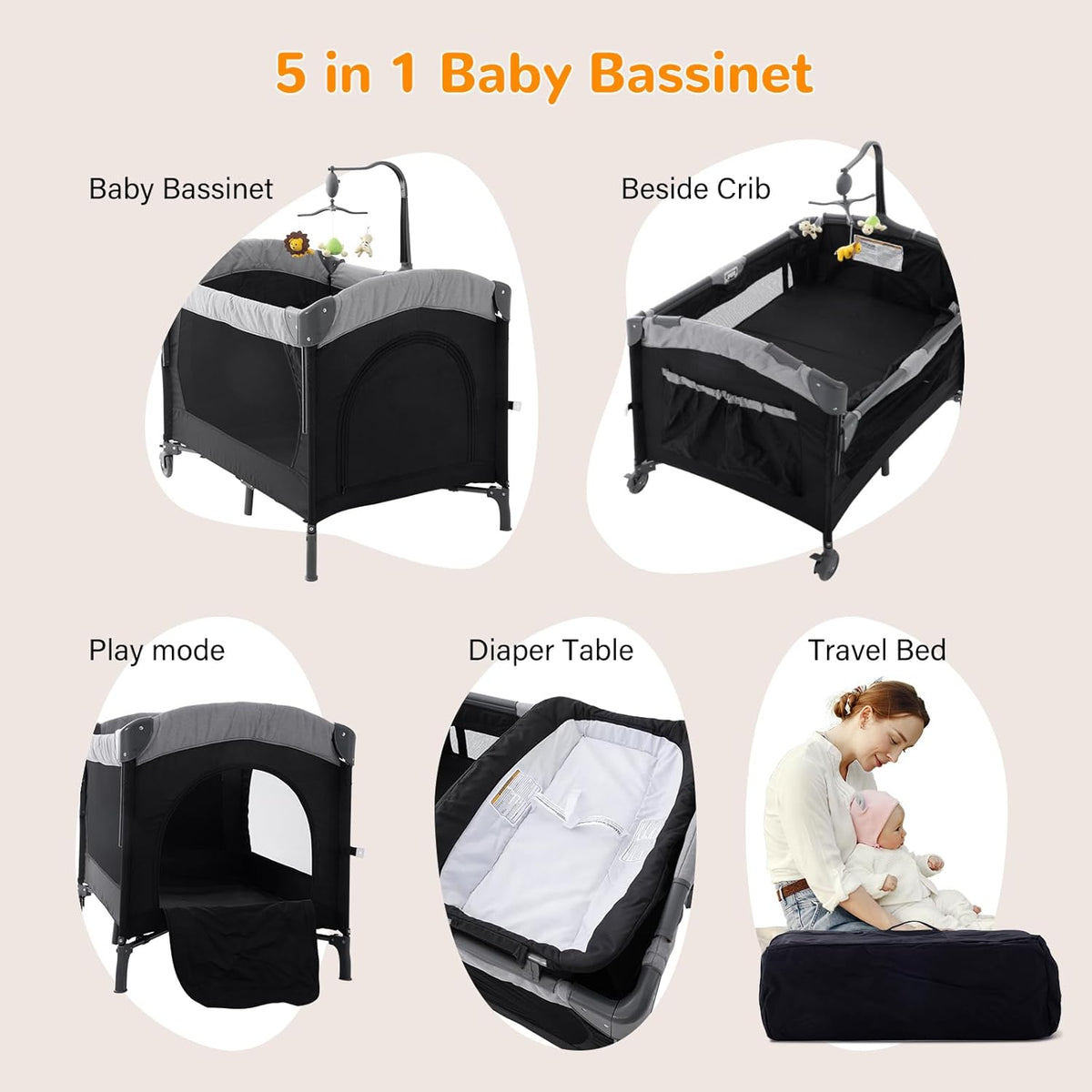 5 in 1 Baby Crib,Bedside Sleeper Bassinet,Pack and Play with Bassinet and Changing Table,Portable