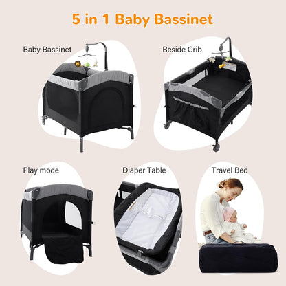 5 in 1 Baby Crib,Bedside Sleeper Bassinet,Pack and Play with Bassinet and Changing Table,Portable