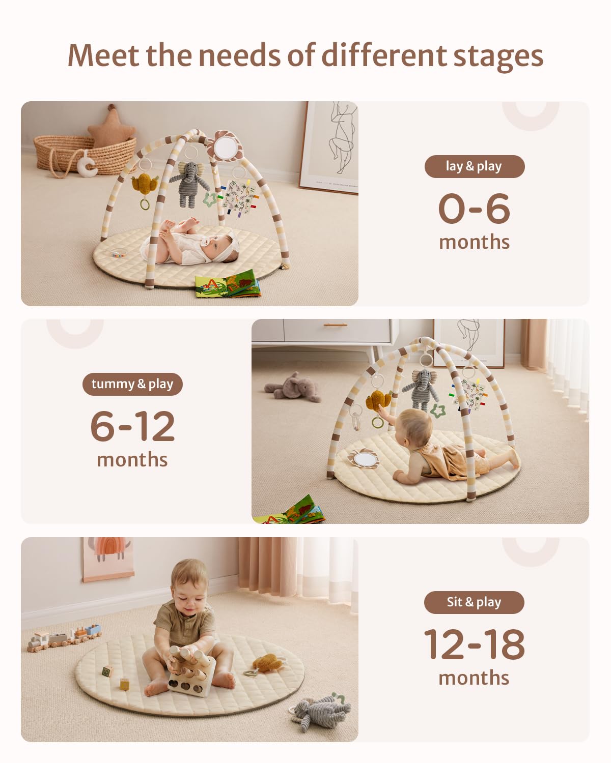 Blissful Diary Baby Play Gym Mat, Tummy Time Activity Mat with 6 Detachable Toys for Stage-Based