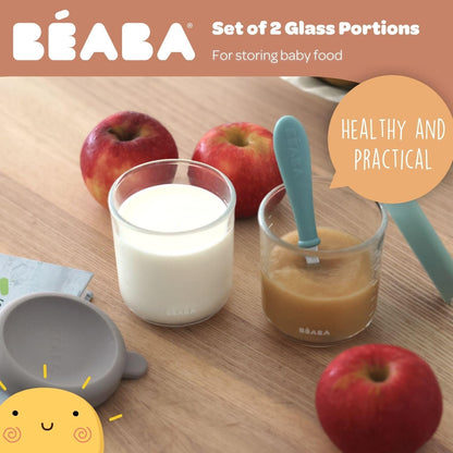 BEABA 2 Pack Glass Baby Food Jars with Soft Silicone Air Tight Lids, 8 oz Glass Storage Containers
