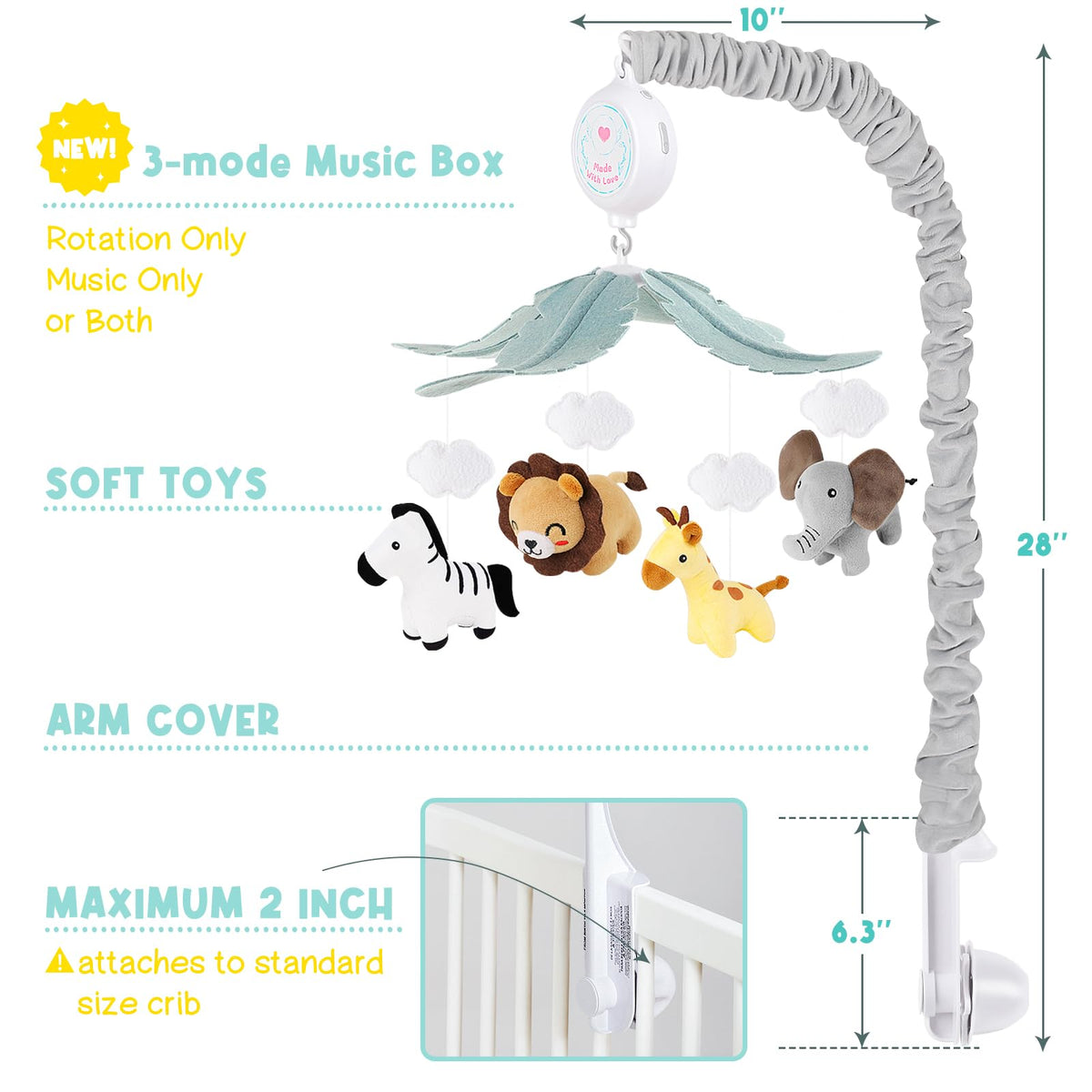 PIIKAGO Animals Crib Mobile for Boys & Girls - Safari Baby Mobile for Crib with Upgraded 3-Mode