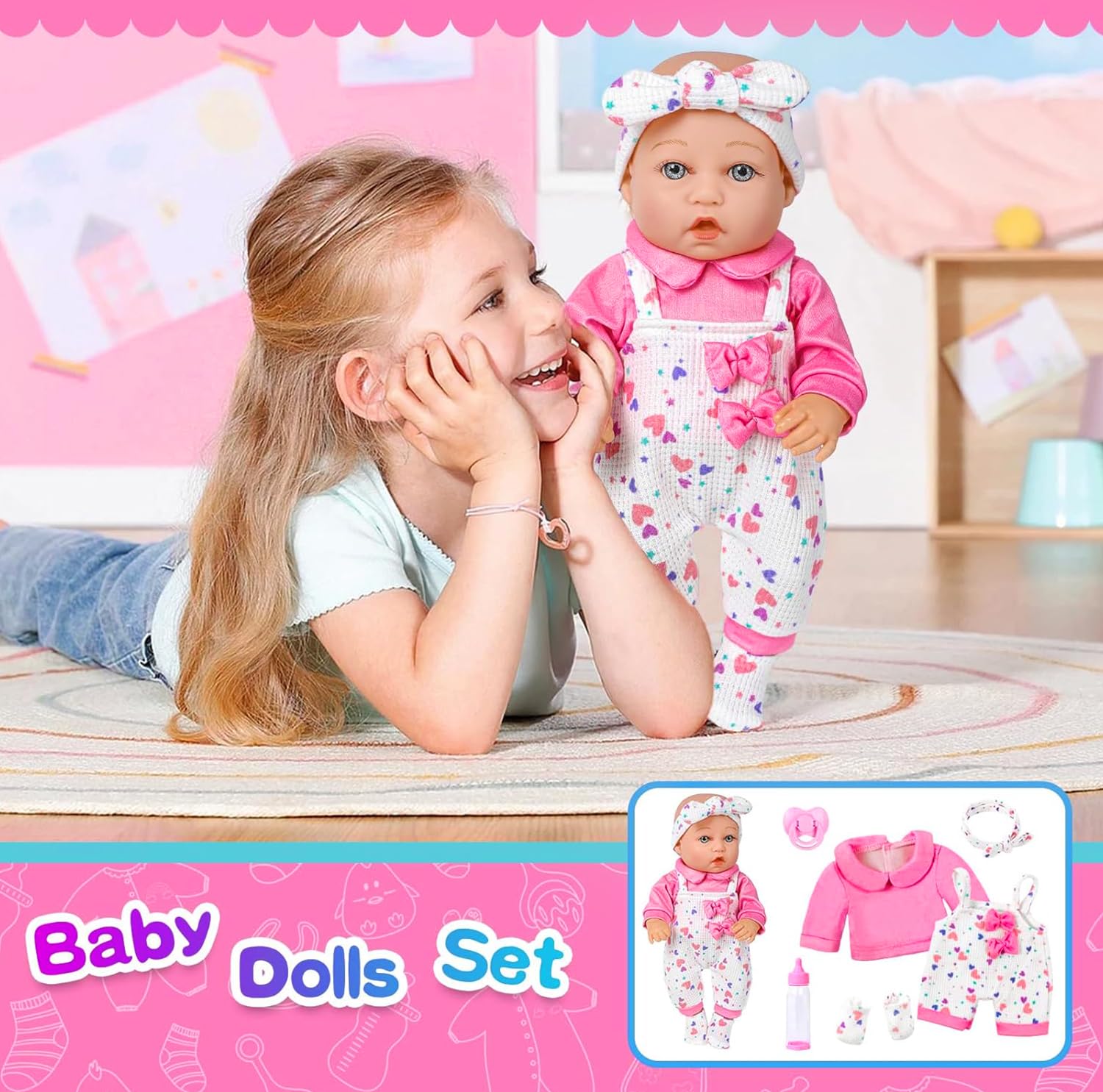 XFEYUE 12" Baby Doll with Pink Bowknot Clothing Set for 3+ Child Girls Gift