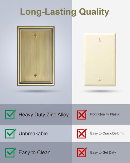 2-Pack Single Blank Wall Plates, Durable Solid Zinc Alloy Blank Outlet Covers, Decorative Antique