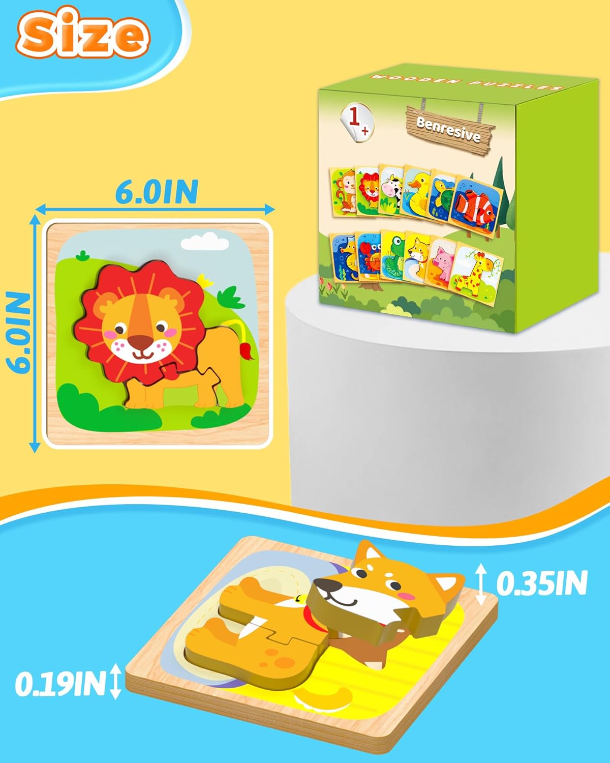 Benresive Wooden Toddler Puzzles, 12pcs Animal Montessori Toys for 1-3 Year Old Boys & Girls