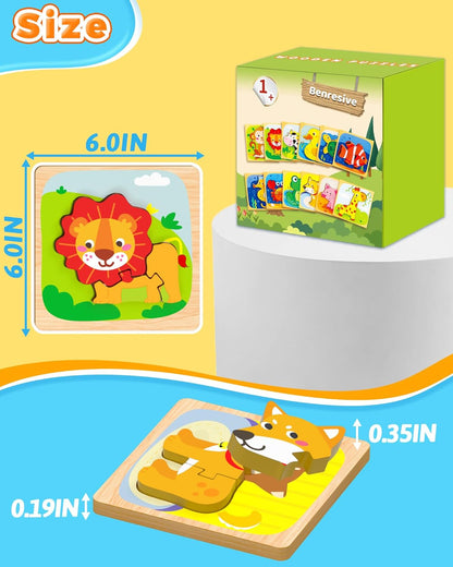 Benresive Wooden Toddler Puzzles, 12pcs Animal Montessori Toys for 1-3 Year Old Boys & Girls
