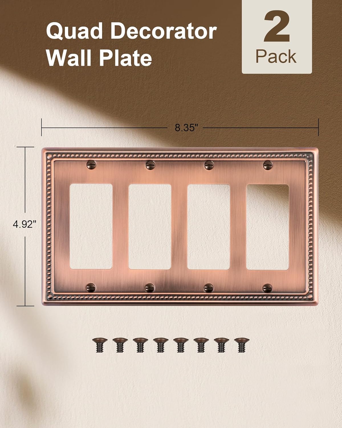 2-Pack Quad Decorator Outlet Cover Plate, Antique Copper Pearls Decorative Switch Plates and Outlet