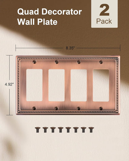 2-Pack Quad Decorator Outlet Cover Plate, Antique Copper Pearls Decorative Switch Plates and Outlet