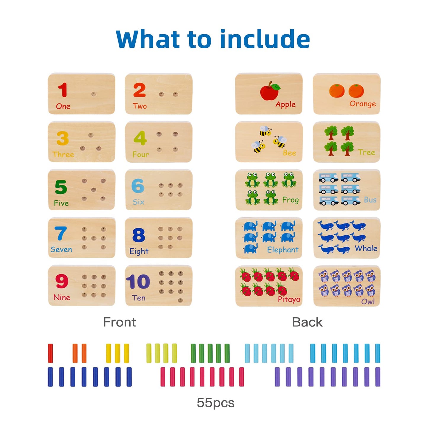 TOOKYLAND Peg Board Toddler Toys, Counting Wooden Toys with 55 Pegs