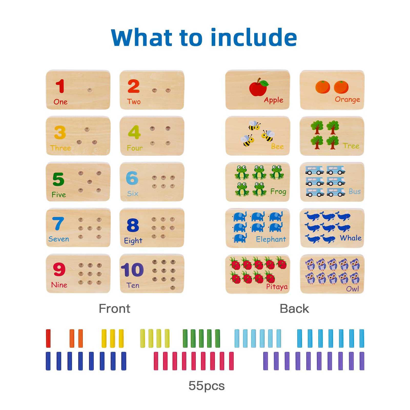 TOOKYLAND Peg Board Toddler Toys, Counting Wooden Toys with 55 Pegs