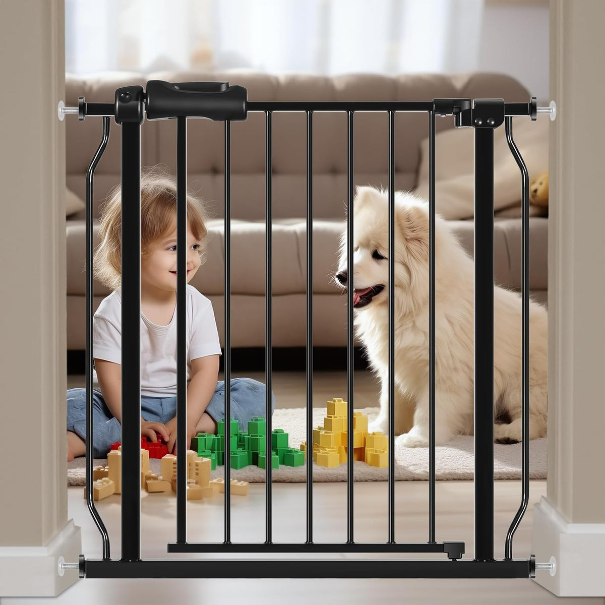 HOOEN Narrow Baby Gate for Stairs - 29 to 34 Inch Wide with Door, Metal Tension Pressure Mounted