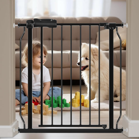 HOOEN Narrow Baby Gate for Stairs - 29 to 34 Inch Wide with Door, Metal Tension Pressure Mounted