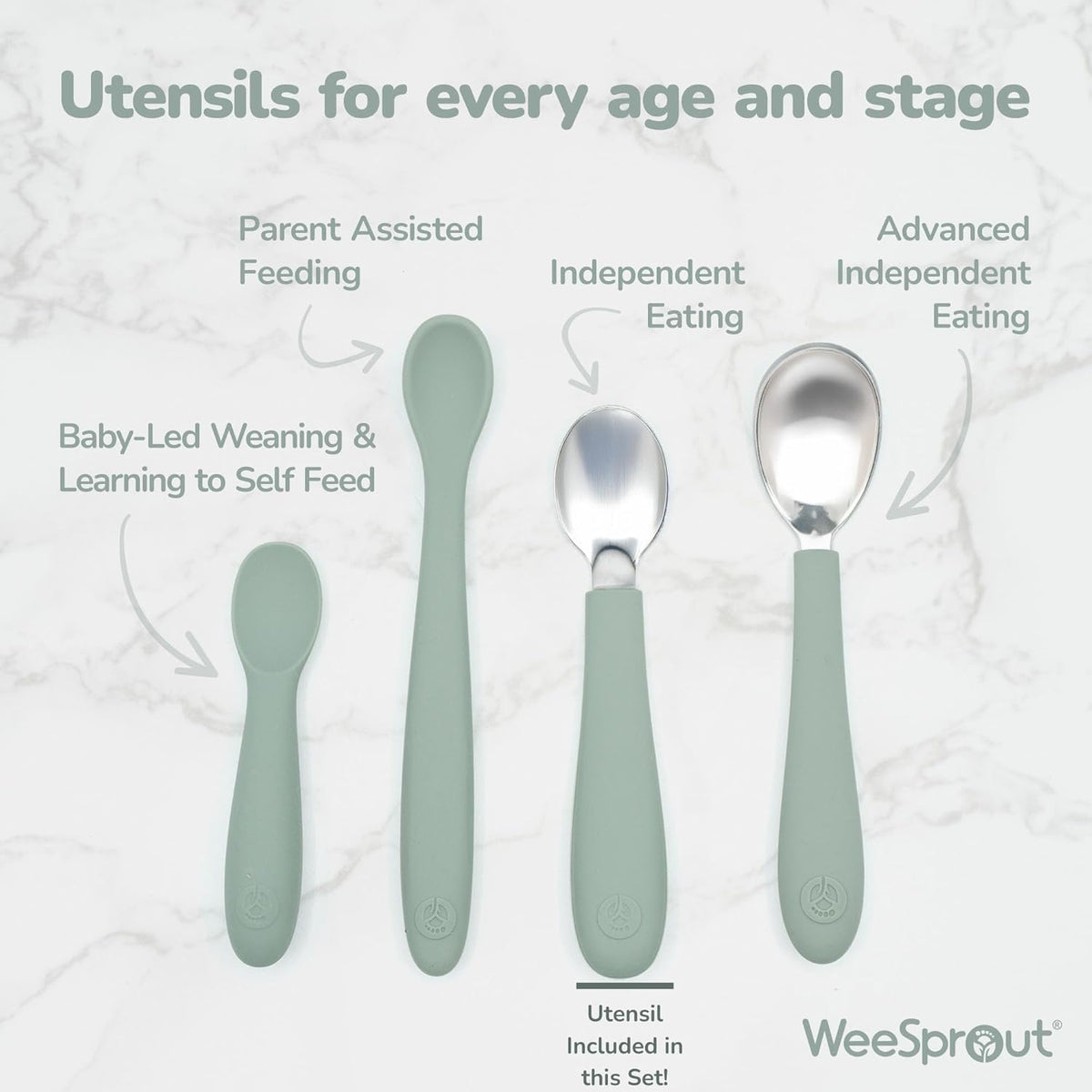 WeeSprout Toddler Utensils, 3 Forks & 3 Spoons, 18/8 Stainless Steel & Food Grade Silicone, Thick