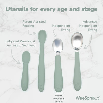 WeeSprout Toddler Utensils, 3 Forks & 3 Spoons, 18/8 Stainless Steel & Food Grade Silicone, Thick