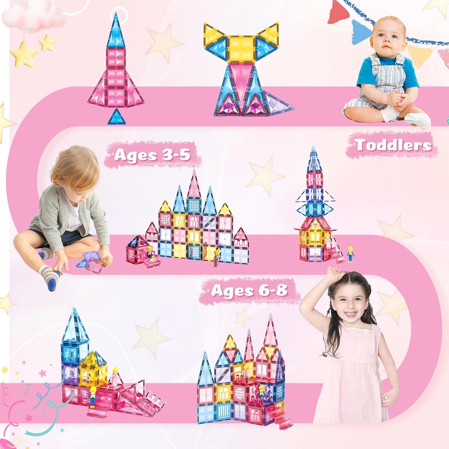 Pink Castle Magnetic Tiles for Kids Ages 3-8, 3D STEM Toys with Sparkling Building Blocks, Creative