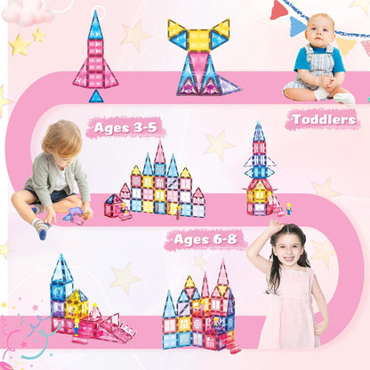 Pink Castle Magnetic Tiles for Kids Ages 3-8, 3D STEM Toys with Sparkling Building Blocks, Creative