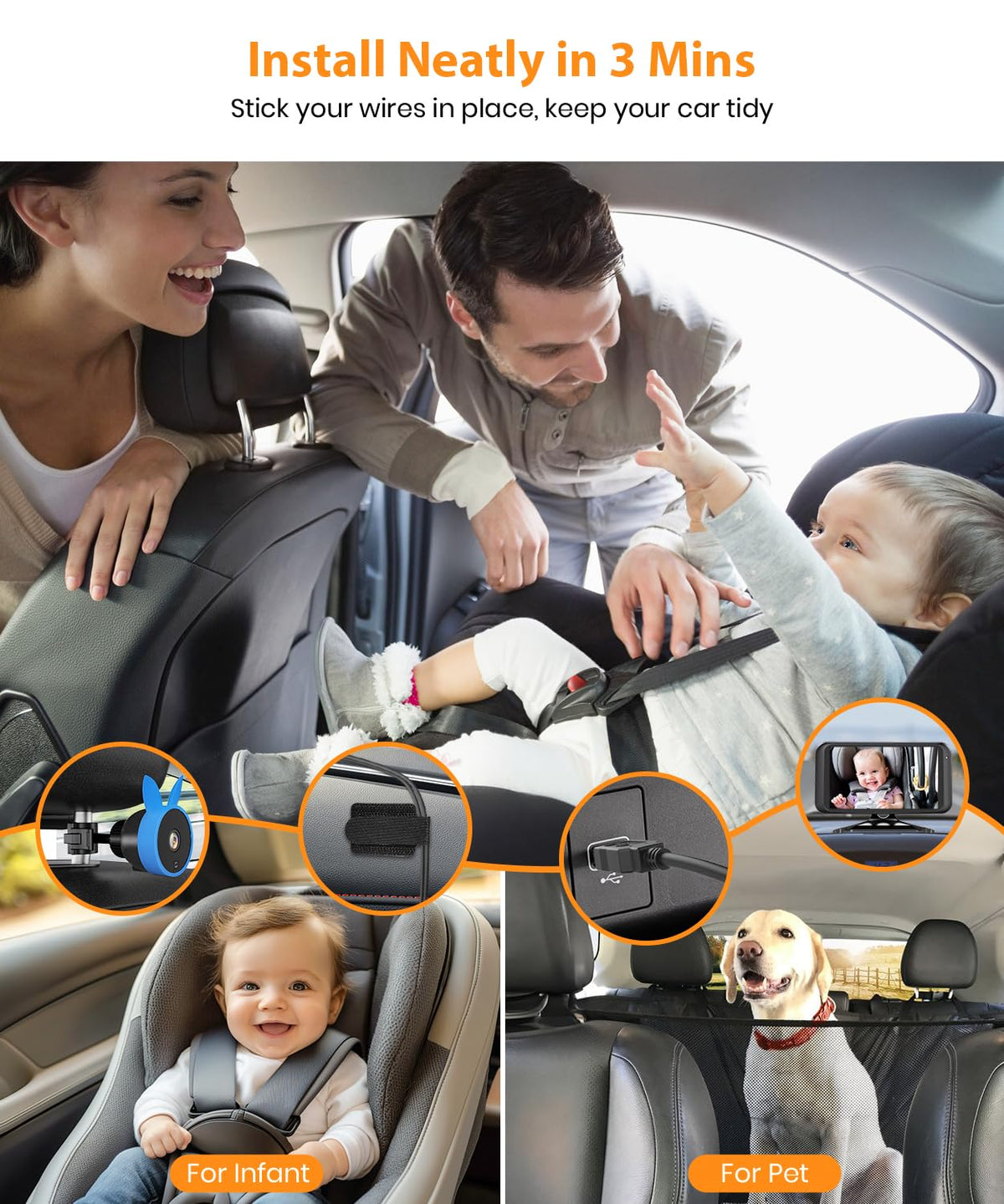 BV2 USB Car Camera for Baby : 4.5" Car Seat Camera with 1080P Crystal Clear Mirror View, Easy