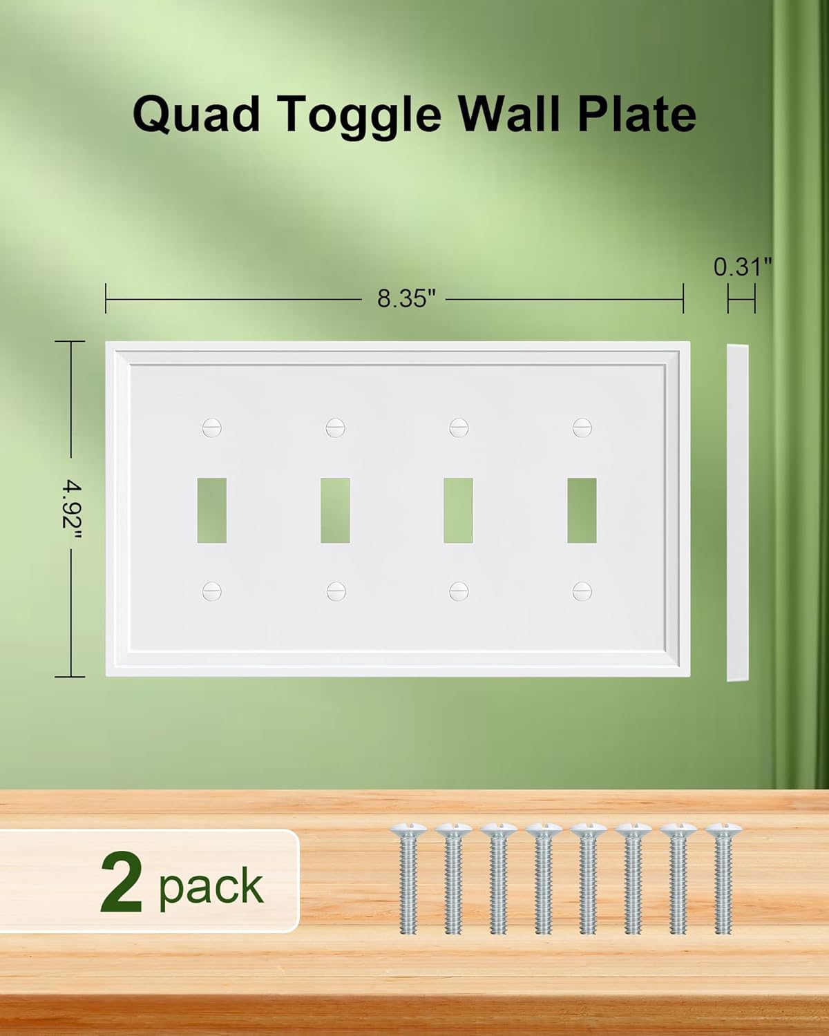 2-Pack Quad Toggle Light Switch Cover Plate, White Decorative Switch Plate Covers, Natural Bamboo