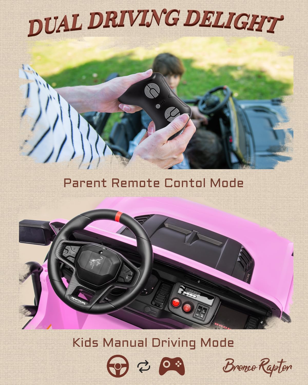 24V Ride on Toys for Big Kids, Licensed Ford Bronco Raptor 2 Seater Ride on Cars with Remote