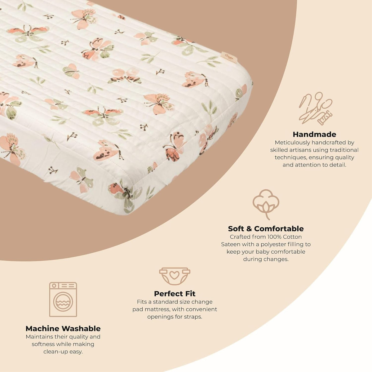 Crane Baby Woodland Quilted Changing Pad Cover Cotton Sateen, Secure Elastic Fit, Pink Boho Rainbow