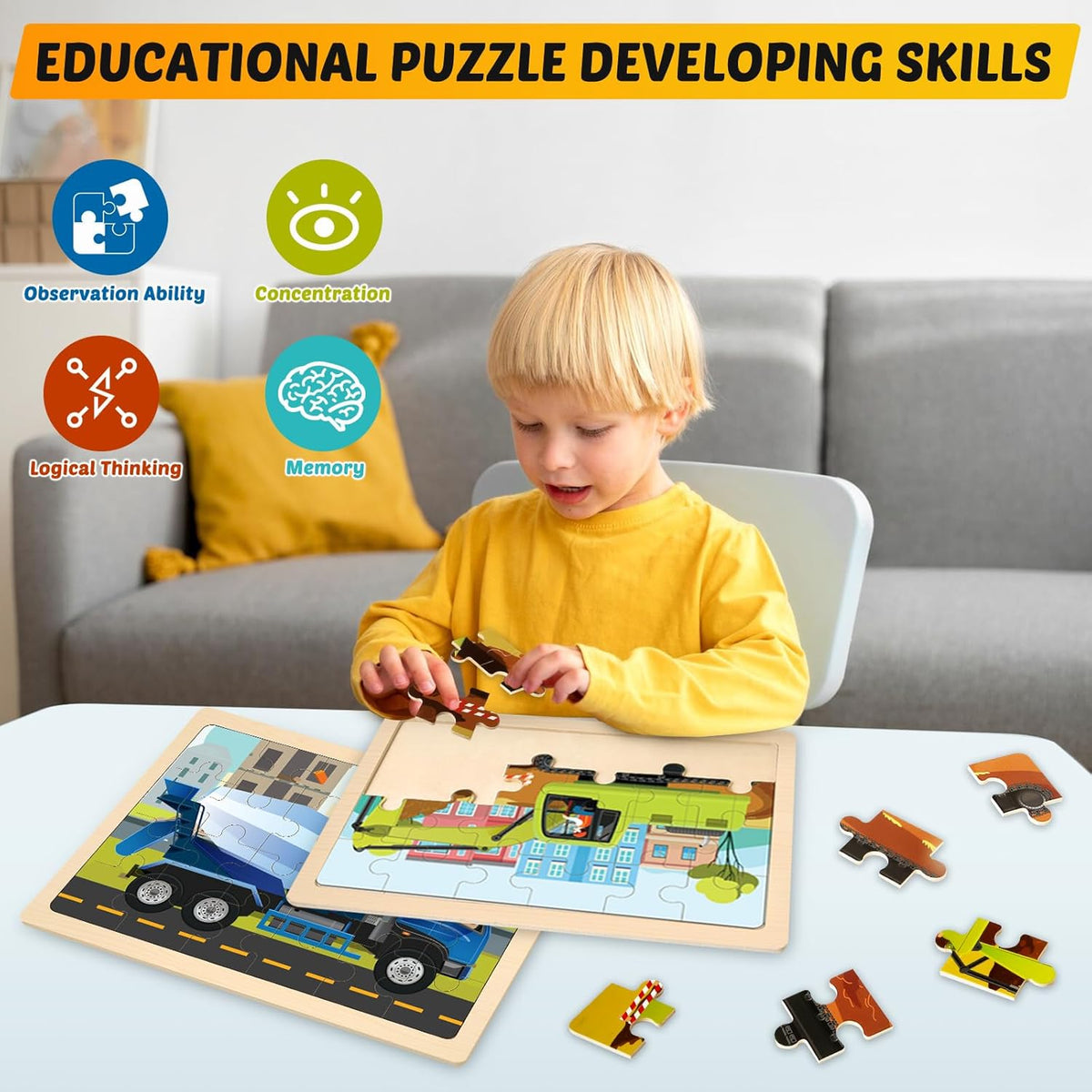 Wooden Puzzles for Kids Ages 4-6, 4 Packs 24 PCS Construction Vehicle Jigsaw Puzzles for Kids Ages
