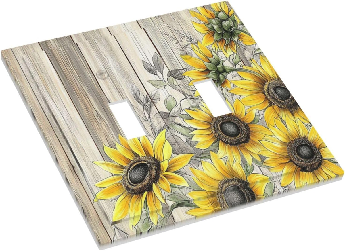 Decorative Switch Plates Floral Sunflower Rustic Flower Vintage Wood 2 Gang Double Toggle Outlet