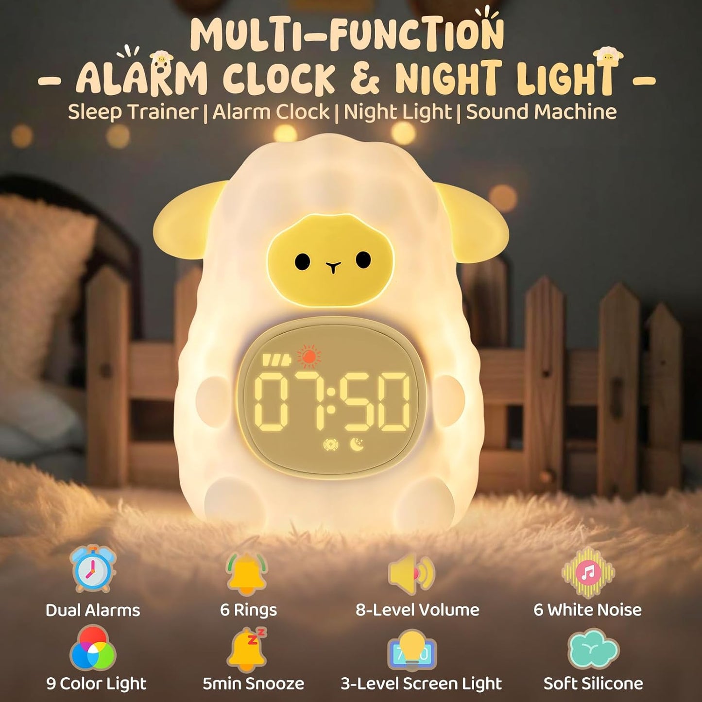 Sheep Alarm Clock with Night Light for Kids with Sleep Training and Sound Machine, Rechargeable