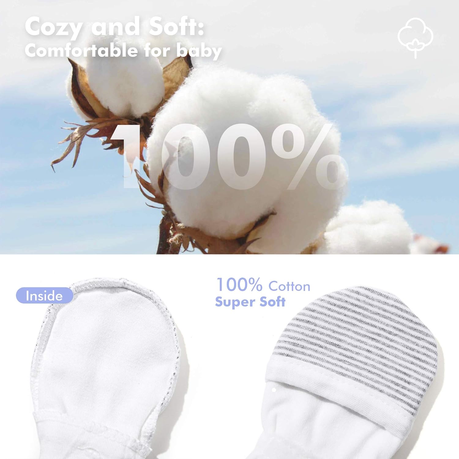 HAPIU Baby No Scratch Mittens Stay On, 100% Cotton Breathable, Adjustable Infant Gloves for Boys