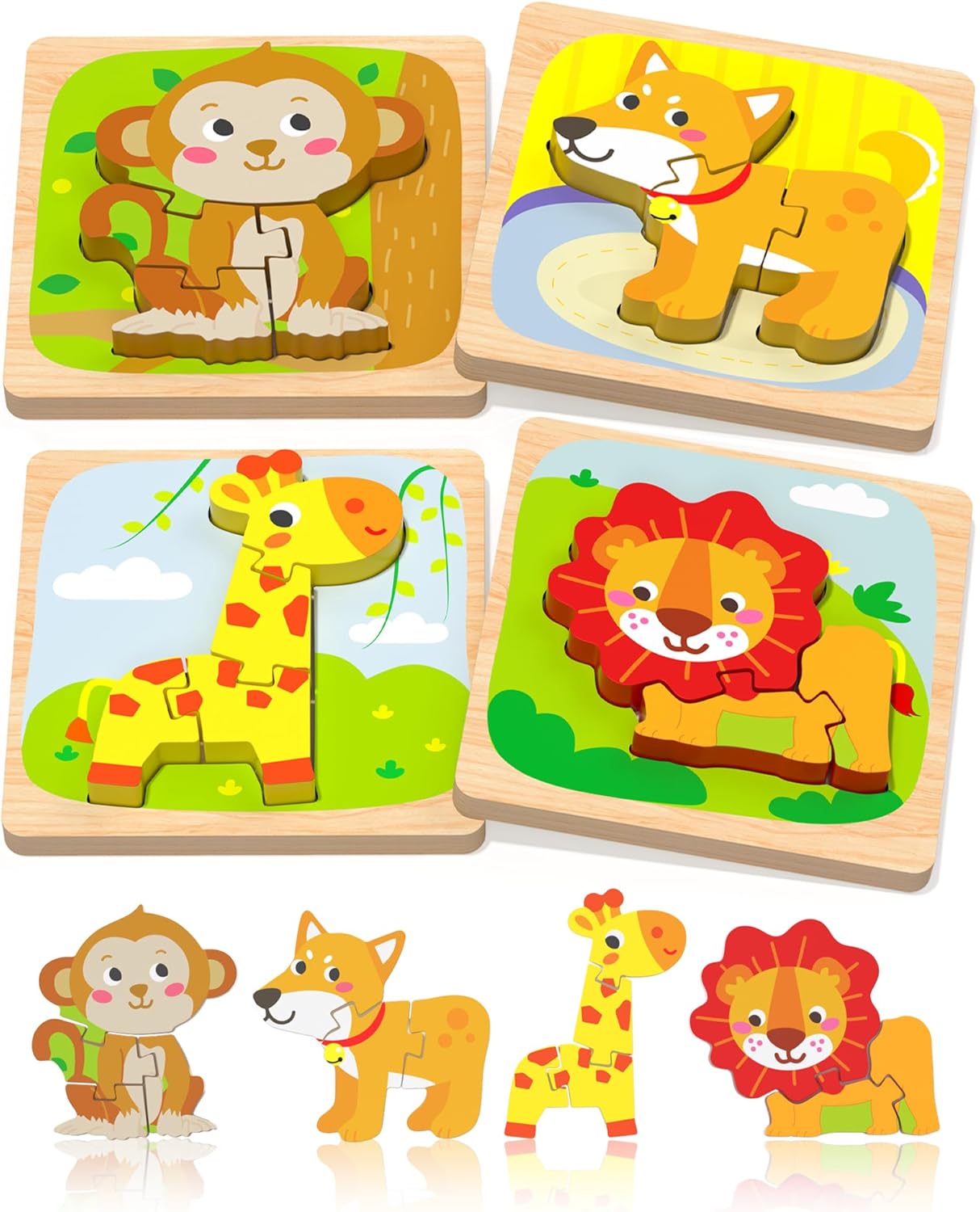 Benresive Wooden Toddler Puzzles, 4pcs Animal Montessori Toys for 1-3 Year Old Boys & Girls