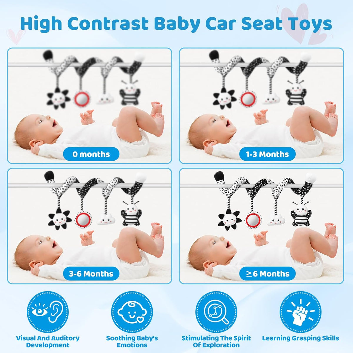 Car Seat Toys Hanging and Stroller Toys for Babies 0-6 Months，High Contrast Baby Toys for Newborn 0