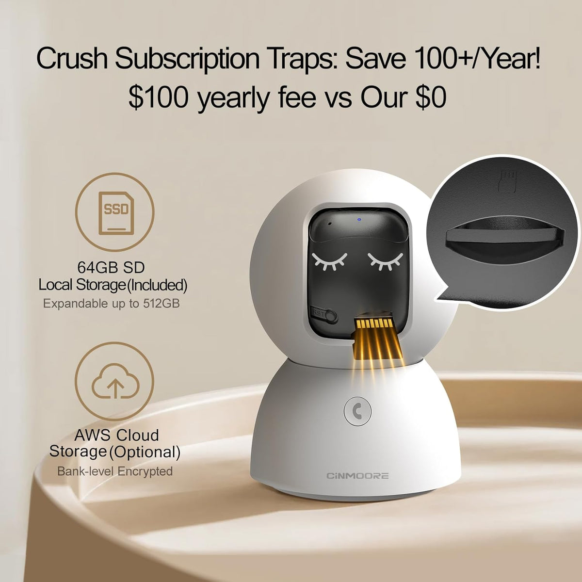 3K Pet/Dog Camera Indoor w/Phone App, No Monthly Fee 64GB Local Storage & AI Tracking Face ID