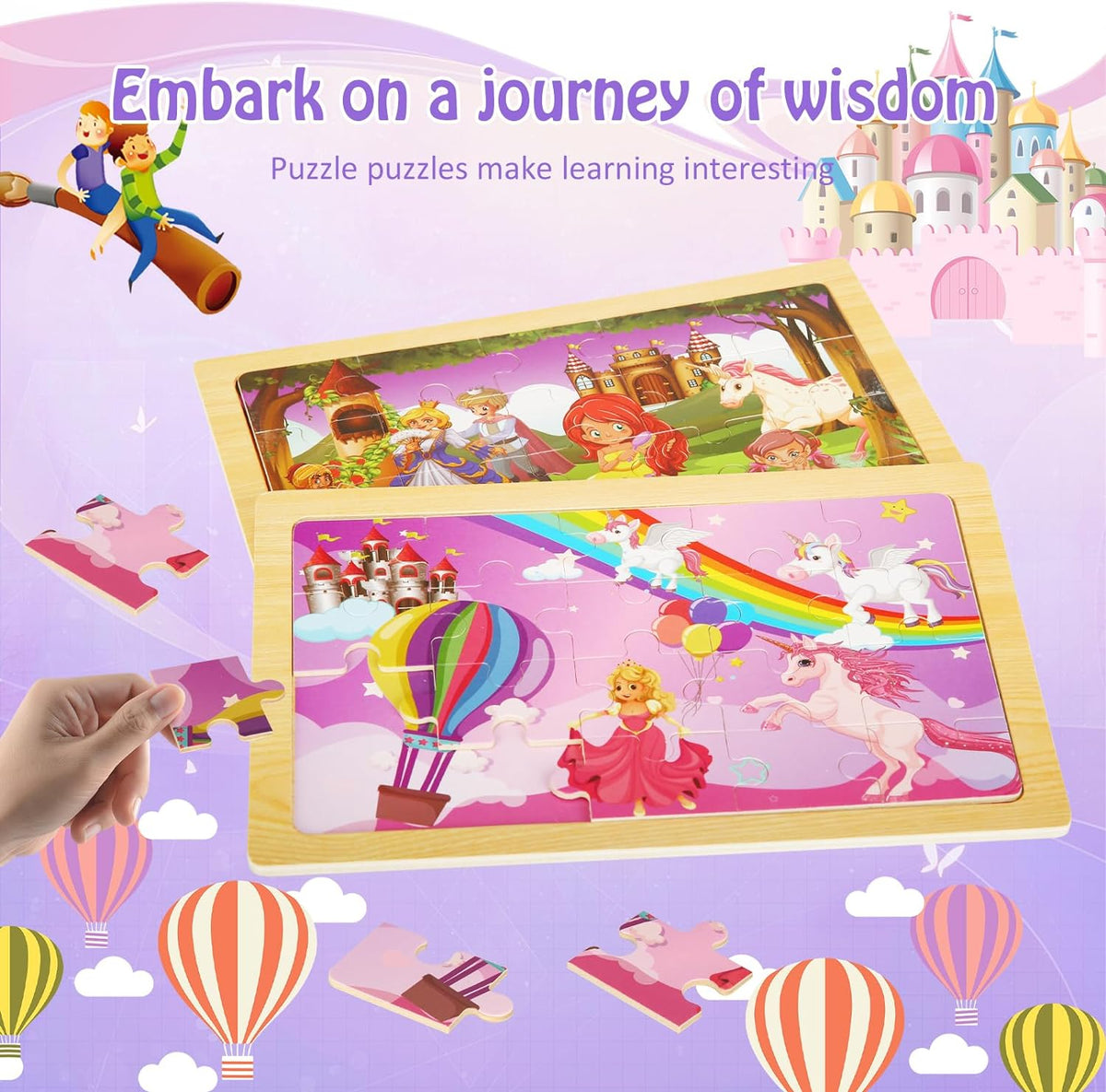 Wooden Puzzles Toys for Kids Ages 3-5, Set of 4 Packs with 20-Piece Unicorn Mermaid Princess Wood