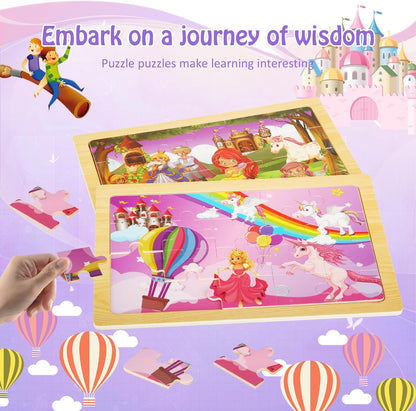 Wooden Puzzles Toys for Kids Ages 3-5, Set of 4 Packs with 20-Piece Unicorn Mermaid Princess Wood