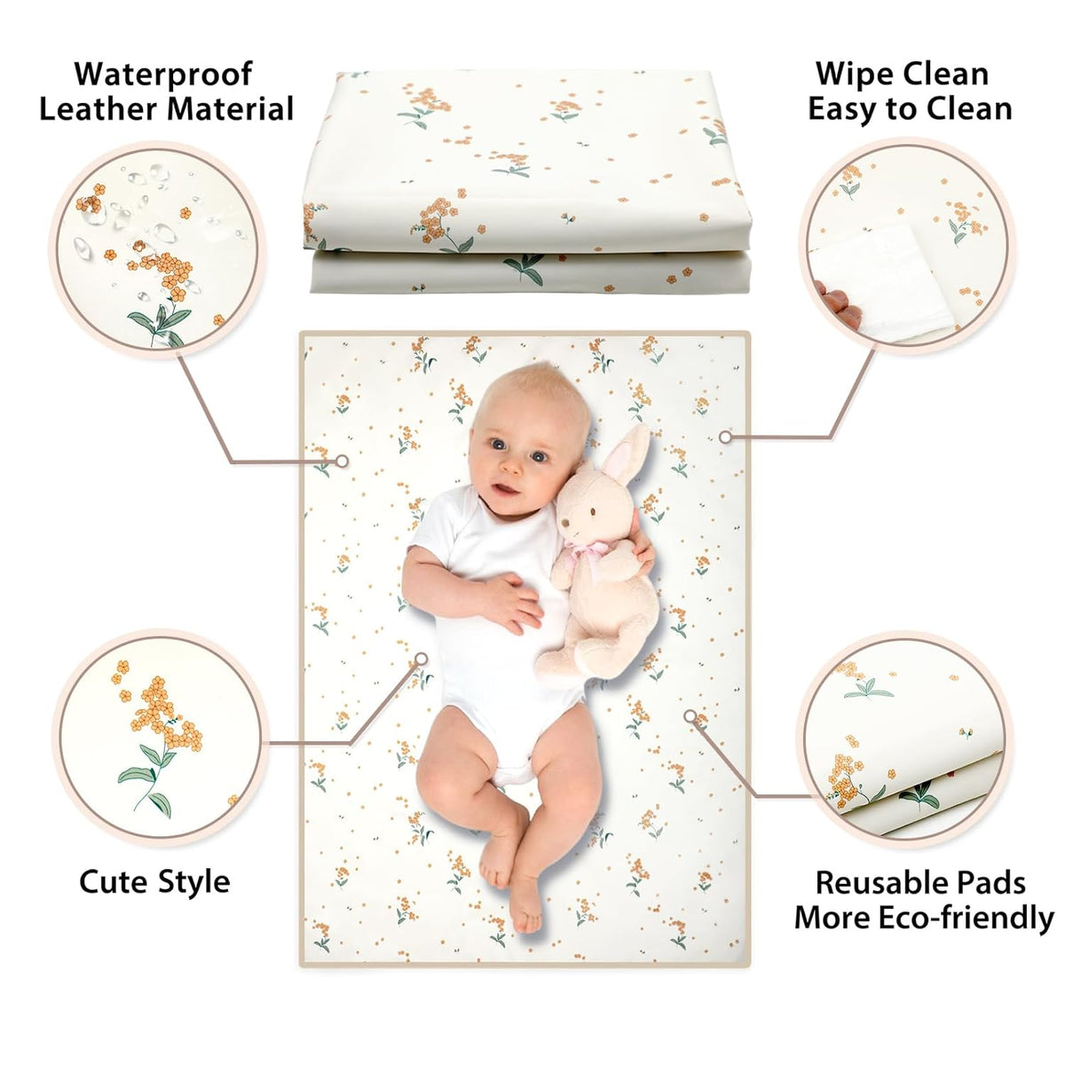Vegan Leather Baby Changing Mat - Wipeable Portable Changing Pad, Foldable Travel Changing Mat for