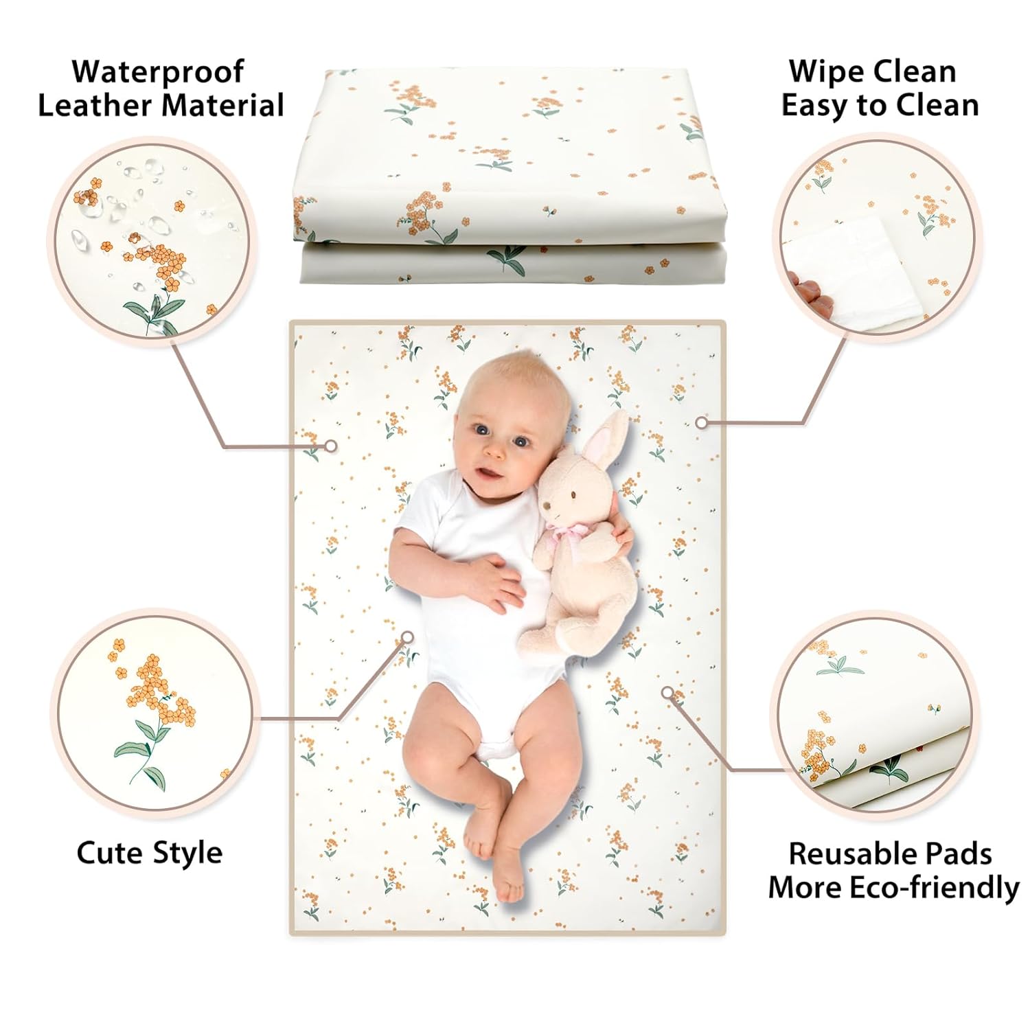 Vegan Leather Baby Changing Mat - Wipeable Portable Changing Pad, Foldable Travel Changing Mat for