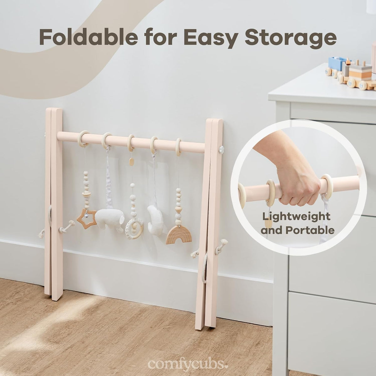 Comfy Cubs Wooden Baby Play Gym - Natural Finish Pinewood Baby Activity Gym with 5 Sensory Hanging
