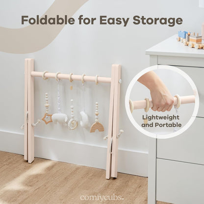 Comfy Cubs Wooden Baby Play Gym - Natural Finish Pinewood Baby Activity Gym with 5 Sensory Hanging