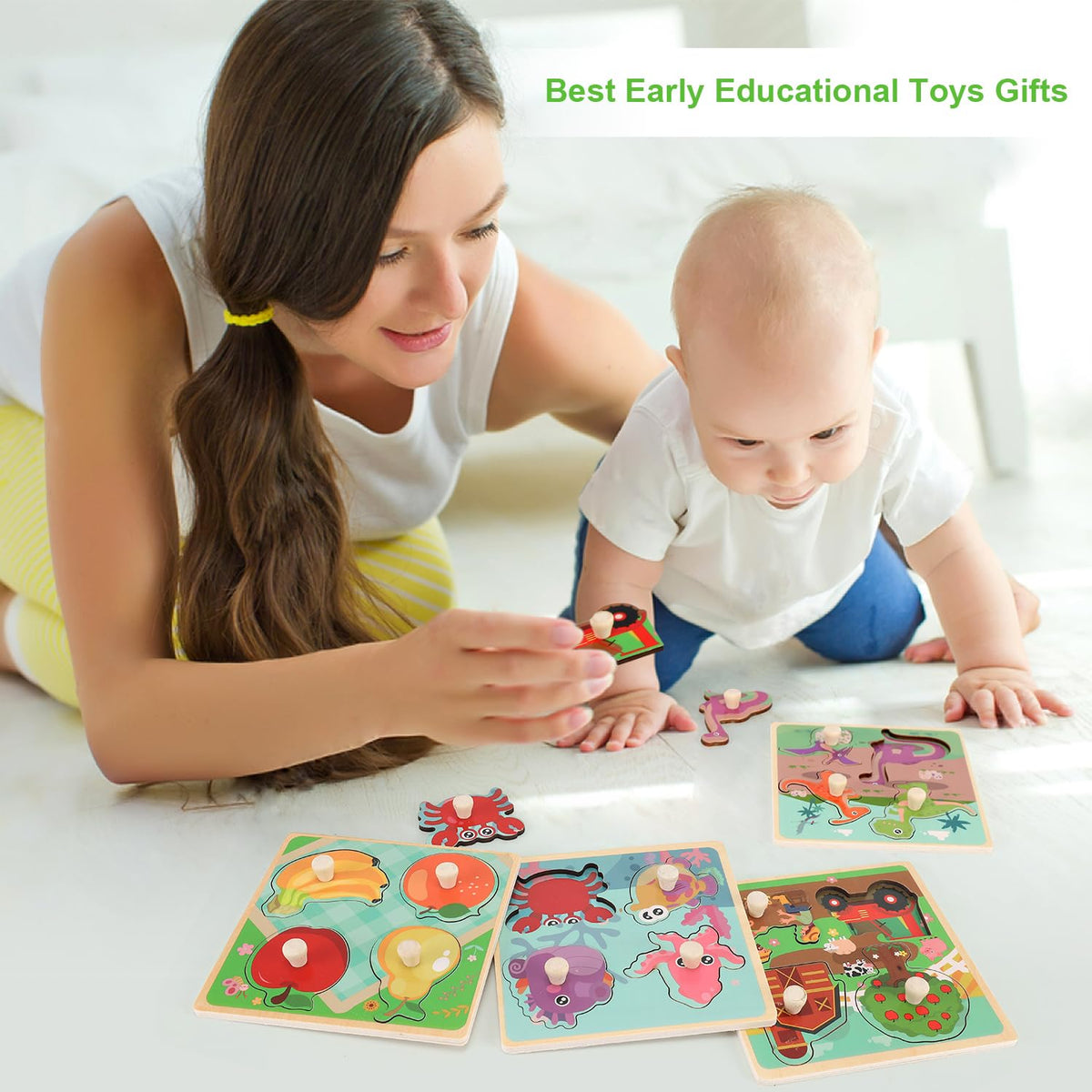 Wooden Peg Puzzles for Toddlers 1-3, Kids' Educational Preschool Peg Puzzle Toy, Set of 4 Toddler