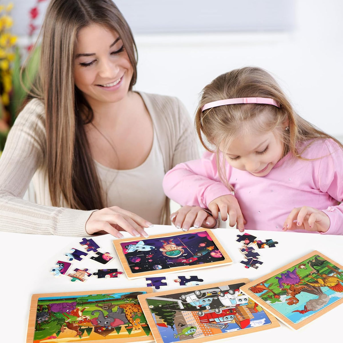 Wooden Puzzles Toys for Kids Ages 3-5, Set of 4 Packs Dinosaur, Space, Transportation Wood Toddler