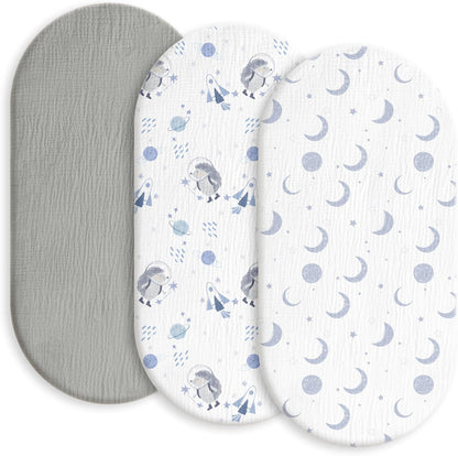 Gllquen Baby Muslin Bassinet Sheets 3 Pack, Breathable Elastic Cozy Fitted Cotton Bassinet Mattress
